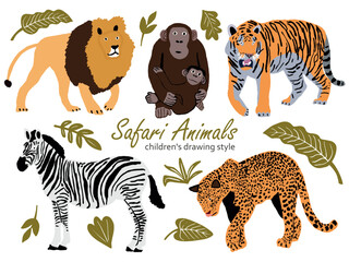Vector illustration of cute wild safari African animals. Including , lion, leopard, zebra, tiger, monkey with cub Funny cartoon doodle characters in scandinavian style. Kids