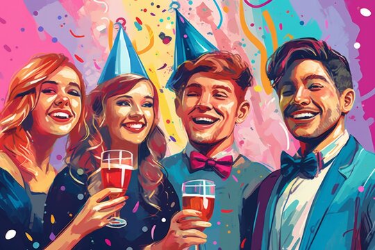 A group of young adults raising their glasses in a toast, with colorful party hats and streamers in the background. Generative AI