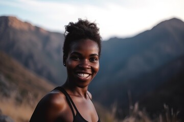 Naklejka premium Portret of smile thin athletic black skin woman on the background of mountains in the early morning. Generative ai.