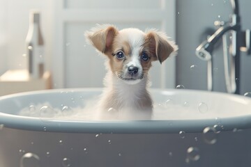 Cute puppy dog in bathtub, pets cleaning, Generative AI