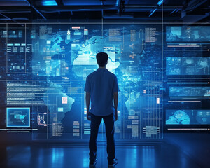 Businessman uses virtual reality mixed with artificial intelligence. Created with Generative AI technology.