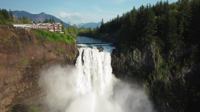 Amazing Snoqualmie Falls Aerial with Mt Si Background