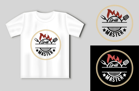 Grill master. Vector lettering for t shirt, poster, card. Funny BBQ concept with t-shirt mockup