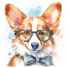 AI Generated: Adorable Corgi Dog with Glasses, Browsing Laptop in Watercolor Style