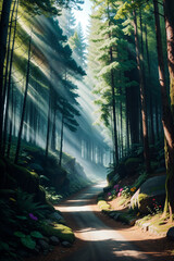 Enchanted Forest Scene in Cartoon-Realistic Style, Children's Book Illustrations, Environmental Awareness Campaigns, Video Game Backgrounds. Rich Greenery Details for Nature-inspired Design 