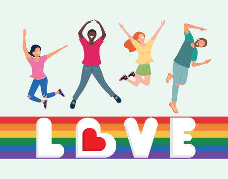 Happy people in love body jumping on Lgbt rainbow flag and letters, lgbt support concept. Illustration, Poster, Postcard, Vector, Tshirt, Background or wallpaper. 
