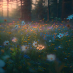 Summer meadow in the early morning. Foggy morning.  Foggy summer morning. Flowery summer field. Generative AI