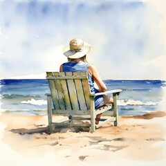 Fototapeta na wymiar Generative AI Serenity in Watercolors - AI Created Summer Beach Vacation Concept Featuring an Asian Woman with Hat Relaxing on a Chair Beach