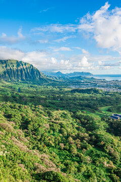 Panoramic aerial image from the Pali Lookout on the island of Oahu in Hawaii.