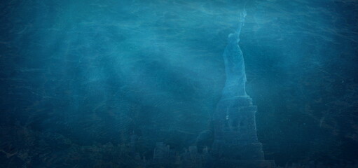 dystopian image that emulates the statue of liberty in New York submerged by the melting of the poles due to climate change