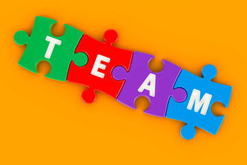 Team concept, word team from colored puzzles, 3D rendering