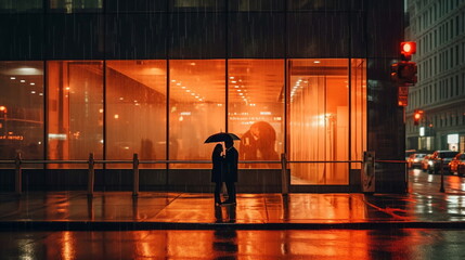 evening rainy new york city street , in hight modern building windows people silhouette, car traffic light ,romanticman and woman couple,people silhouette with umbrella ,generated ai