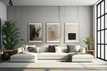 A living room with a large wall that has a plant in it and a couch.