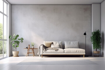 A living room with a large wall that has a plant in it and a couch.