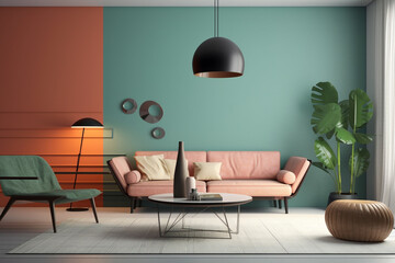 A living room with a large wall that has a plant in it and a couch.