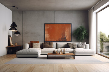 A living room with a large wall that has a plant in it and a couch.