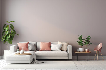 A living room with a large wall that has a plant in it and a couch.