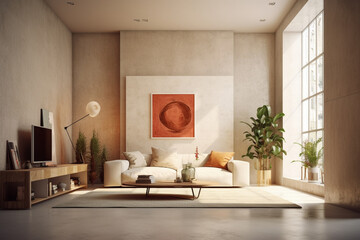 A living room with a large wall that has a plant in it and a couch.