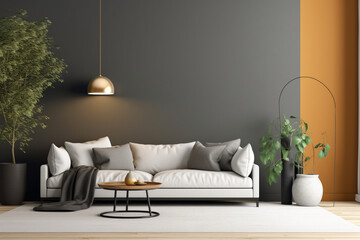 A living room with a large wall that has a plant in it and a couch.
