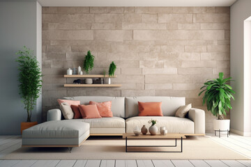 A living room with a large wall that has a plant in it and a couch.