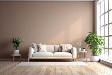 A living room with a large wall that has a plant in it and a couch.