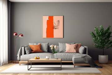 A living room with a large wall that has a plant in it and a couch.