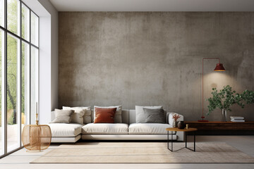 A living room with a large wall that has a plant in it and a couch.