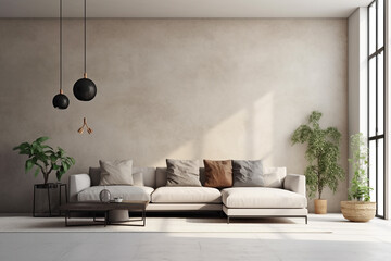 A living room with a large wall that has a plant in it and a couch.