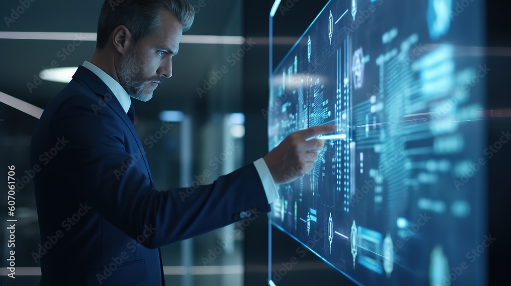 Aufkleber Manual work with business data analytics, process management using financial charts.Futuristic innovative technologies. Generative AI