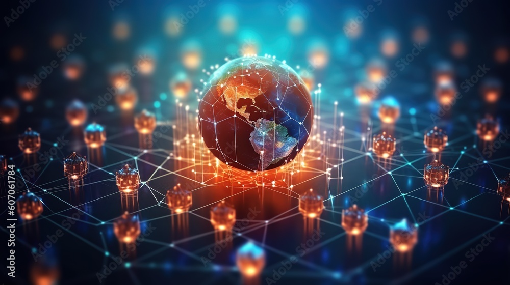 Poster The global world Wide Web and telecommunications on earth, cryptocurrency, blockchain and the Internet of Things.Futuristic innovative technologies. Generative AI