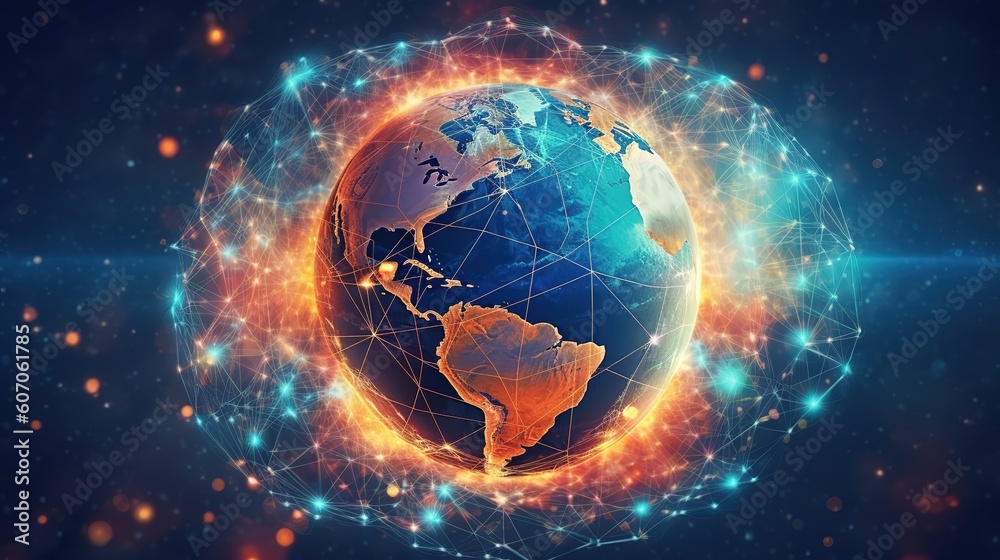 Poster The global world Wide Web and telecommunications on earth, cryptocurrency, blockchain and the Internet of Things.Futuristic innovative technologies. Generative AI
