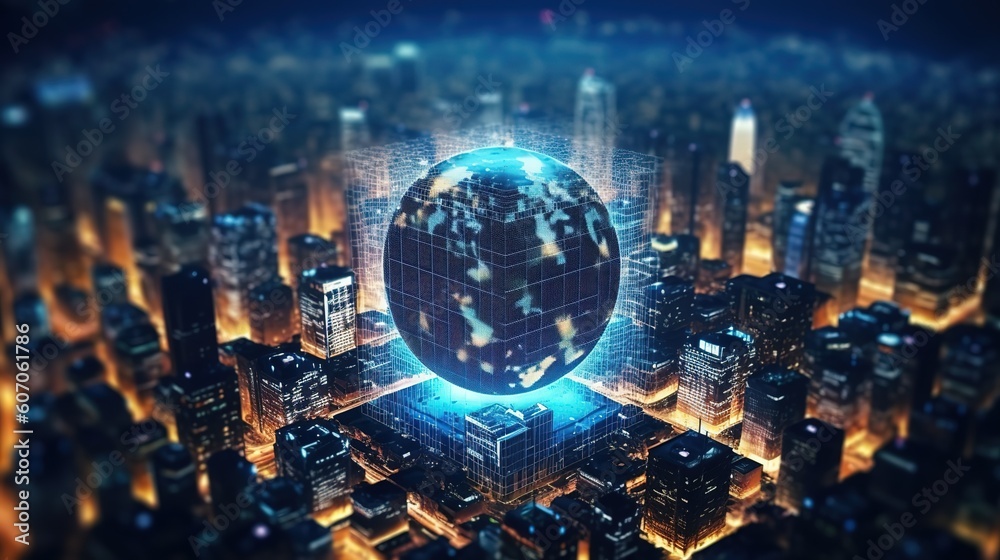 Poster The global world Wide Web and telecommunications on earth, cryptocurrency, blockchain and the Internet of Things.Futuristic innovative technologies. Generative AI