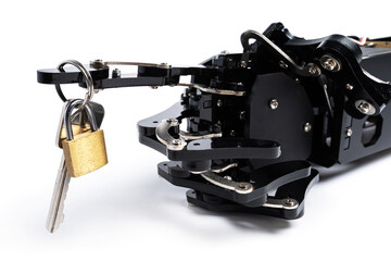 Real robotic hand and key with padlock. Concept of encryption and data security by AI