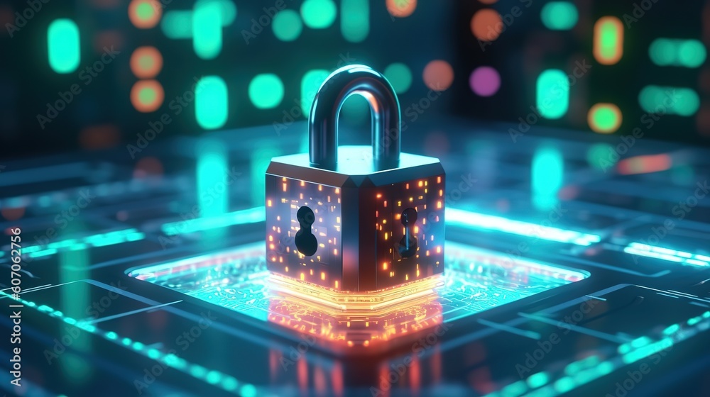 Aufkleber Digital padlock icon, network cyber security technology and data protection technology on a virtual dashboard. Futuristic innovative technologies. Generative AI