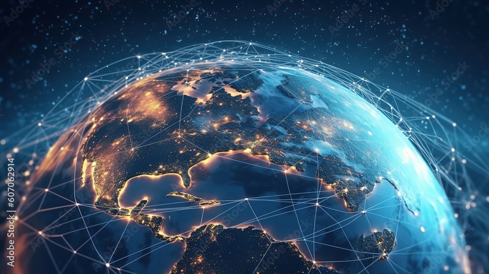 Poster the global world wide web and telecommunications on earth, cryptocurrency, blockchain and the intern