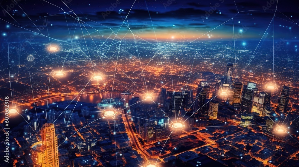 Poster The global world Wide Web and telecommunications on earth, cryptocurrency, blockchain and the Internet of Things.Futuristic innovative technologies. Generative AI