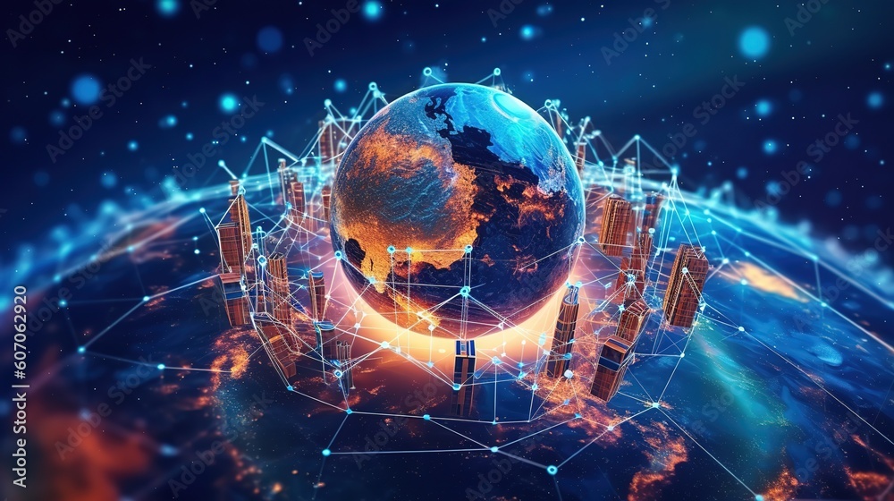 Poster The global world Wide Web and telecommunications on earth, cryptocurrency, blockchain and the Internet of Things.Futuristic innovative technologies. Generative AI