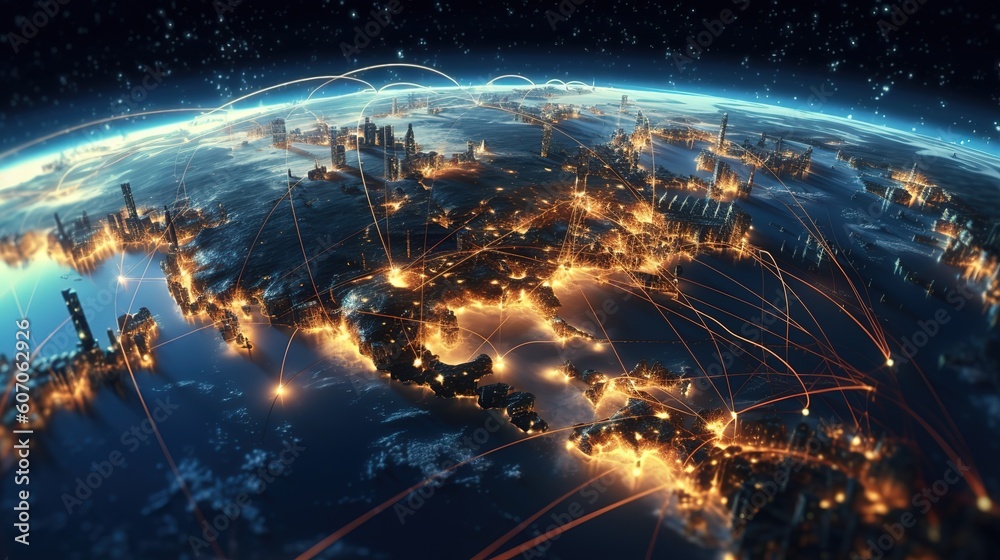 Poster The global world Wide Web and telecommunications on earth, cryptocurrency, blockchain and the Internet of Things.Futuristic innovative technologies. Generative AI