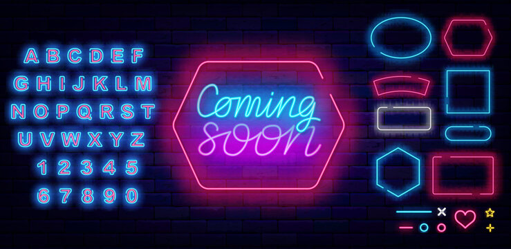 Coming soon neon label. Geometric frames collection. Party and sale prepare. Event celebration. Vector illustration
