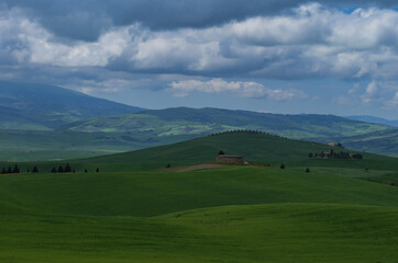 Fototapeta na wymiar Tuscany fields in springtime, cloudy day mood, Val d'Orca, Pienza region