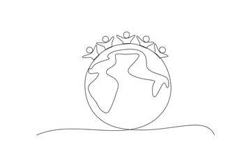 Continuous one-line drawing of the world surrounded by humans. World population day concept. Single line drawing design graphic vector illustration