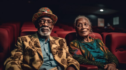 Obraz premium Elderly Afro American couple in cinema created with generative AI technology