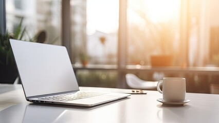 Fototapeta premium Modern Office Workspace. Laptop on a Business Desk in a Stylish Room