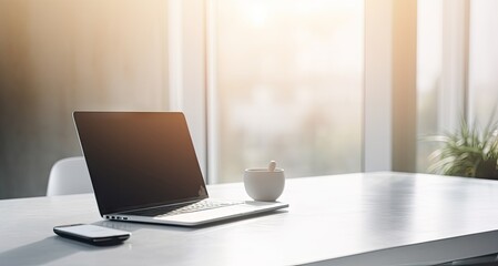 Fototapeta premium Modern Office Workspace. Laptop on a Business Desk in a Stylish Room