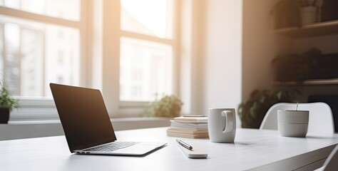 Fototapeta premium Modern Office Workspace. Laptop on a Business Desk in a Stylish Room