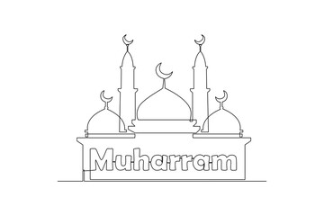 Single one-line drawing mosque with Muhafram decorations. Islamic new year concept. Continuous line drawing illustration