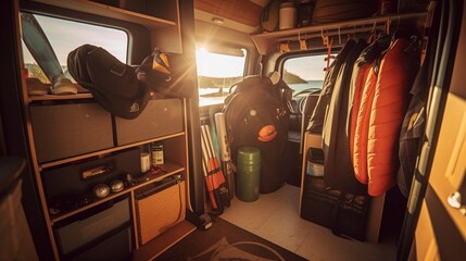 Naklejka na ściany i meble AI Explore the cozy and versatile interior of a camper van in this captivating photograph, showcasing the perfect balance of comfort and adventure on the road. Ideal for travel