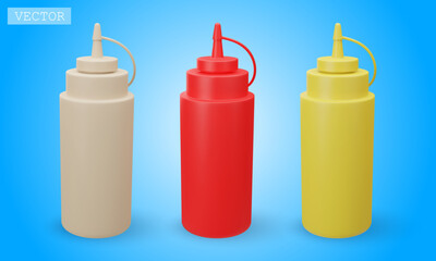 3D render of bottles with different sauces for fast food. Ketchup, mustard, mayonnaise. Bright Illustration in cartoon, plastic, clay 3D style. Isolated on a white background