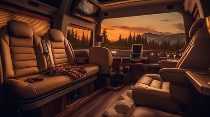 Fototapeta premium AI Explore the cozy and versatile interior of a camper van in this captivating photograph, showcasing the perfect balance of comfort and adventure on the road. Ideal for travel