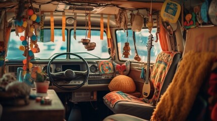 Obraz na płótnie Canvas AI Explore the cozy and versatile interior of a camper van in this captivating photograph, showcasing the perfect balance of comfort and adventure on the road. Ideal for travel